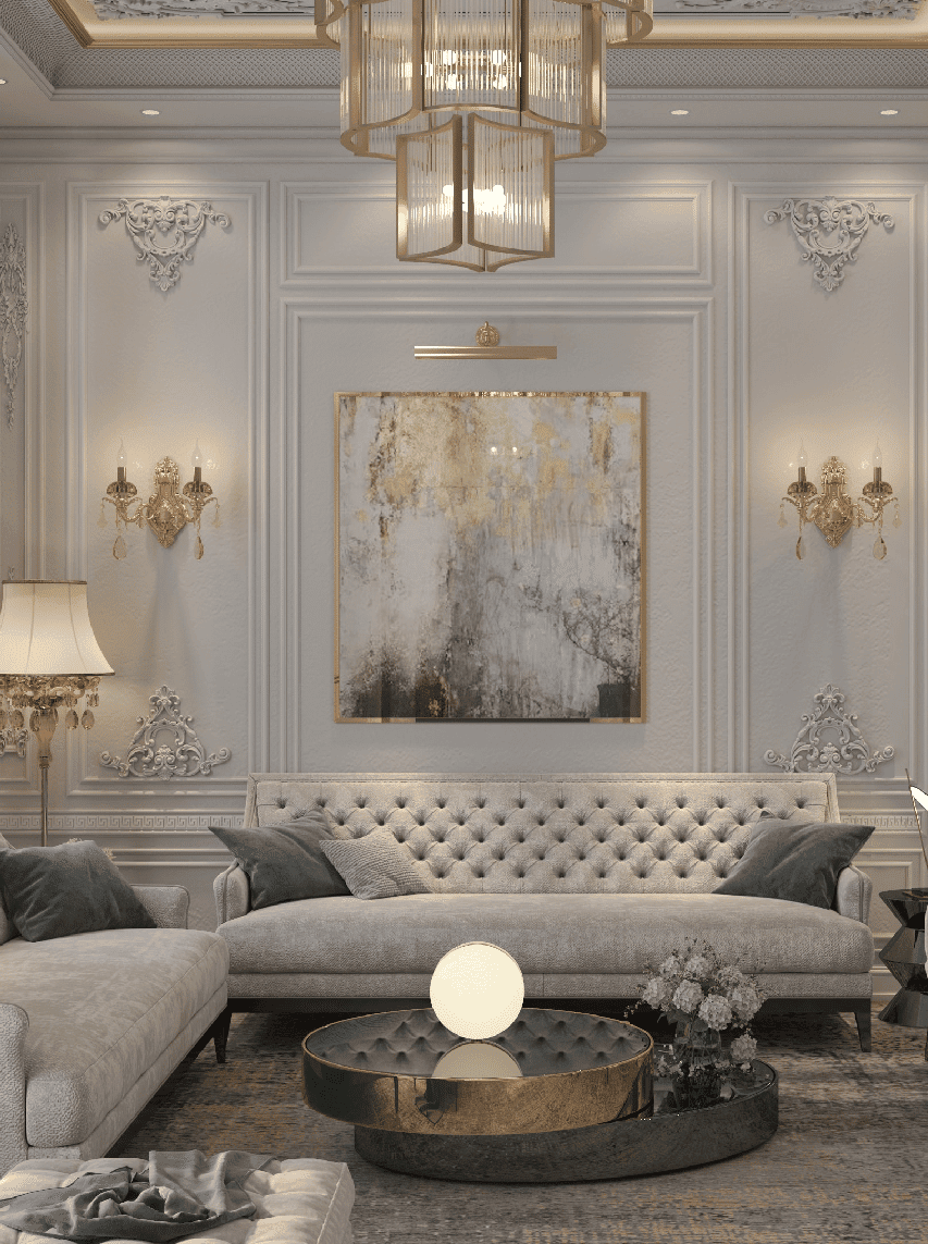An opulent hotel room in ivory and gold